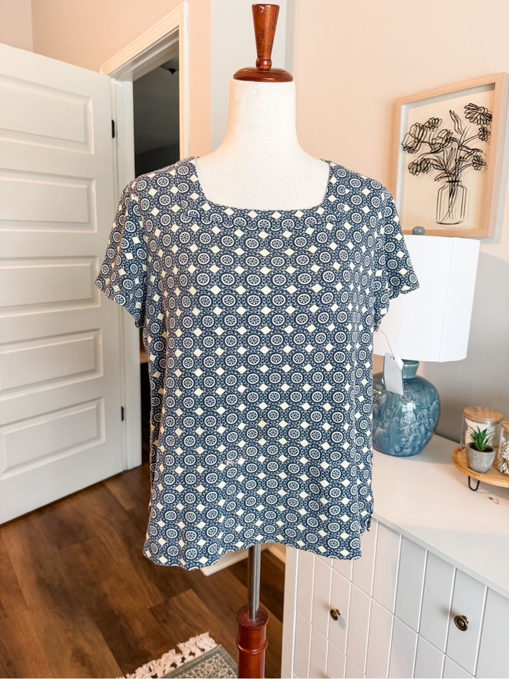 Women's Navy Patterned Short Sleeve Cotton Top